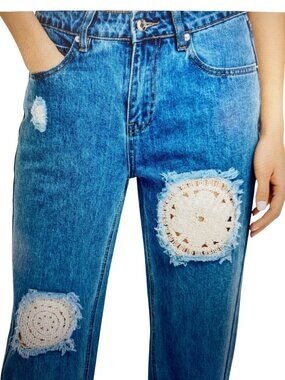 AQUA Janis Jeans Denim Blue with Crochet Lace Patch  Varies  NWT